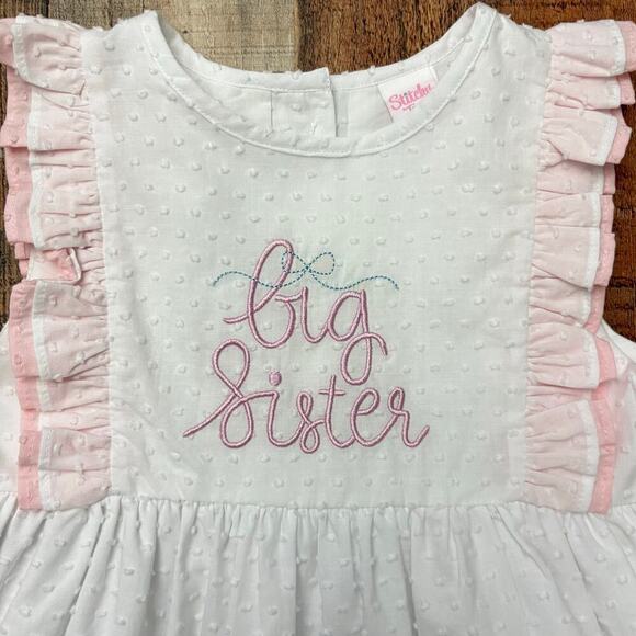 Stitchy Fish Big Sister Dress White Pink Ruffle Bow Girls Multiple Sizes Avail. - Picture 3 of 8